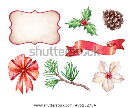 watercolor illustration, Christmas design elements isolated on white background, festive clip art, label, ribbon tag, bow, Christmas tree branch, pine cone, ornament