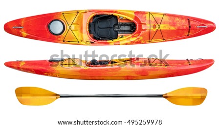 crossover kayak (whitewater and river running kayak) and paddle isolated on white Royalty-Free Stock Photo #495259978
