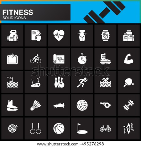 Fitness vector icons set, modern solid symbol collection, pictogram pack isolated on black, logo illustration