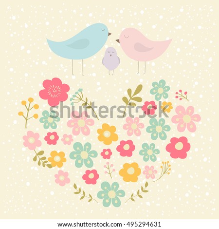 Cartoon illustration: cutest family of birds. Happy parents and baby.