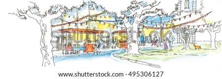 A Watercolor Illustration of a Street Food Festival in a friendly Neighborhood