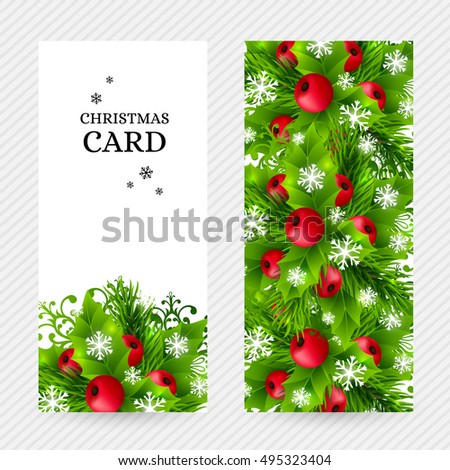 Christmas banners with fir branches, holly leaves, red berries and glowing snowflakes. Winter holiday backgrounds with decorations and greeting text. Vertical vector illustration.