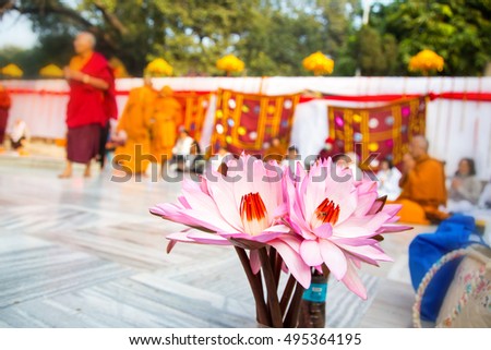 Flower Offerings in the Mahabodhi Temple Complex, Bodh Gaya, India