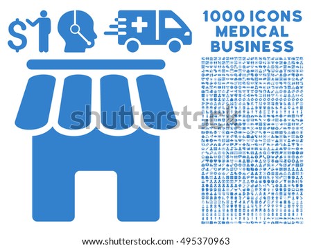 Shop Building icon with 1000 medical commerce cobalt vector design elements. Clipart style is flat symbols, white background.