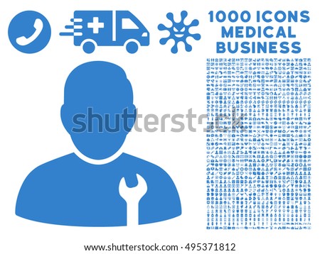 Serviceman icon with 1000 medical commerce cobalt vector pictographs. Design style is flat symbols, white background.