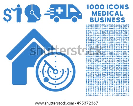Realty Radar icon with 1000 medical commercial cobalt vector pictograms. Set style is flat symbols, white background.