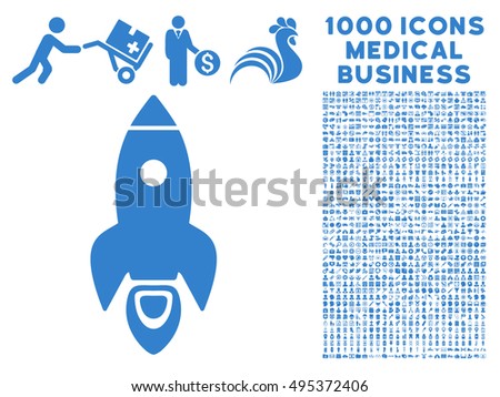 Rocket icon with 1000 medical commerce cobalt vector pictographs. Set style is flat symbols, white background.