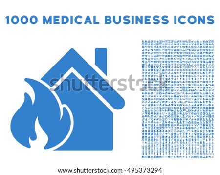 Realty Fire Disaster icon with 1000 medical commerce cobalt vector pictographs. Set style is flat symbols, white background.