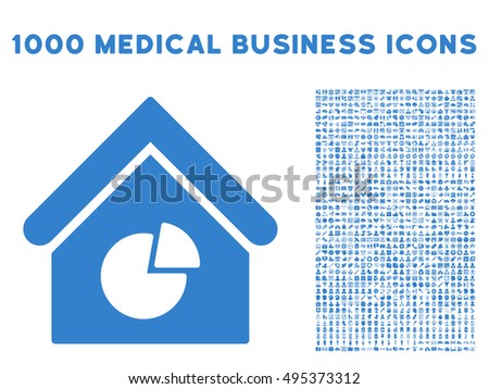 Realty Pie Chart icon with 1000 medical commercial cobalt vector pictographs. Clipart style is flat symbols, white background.