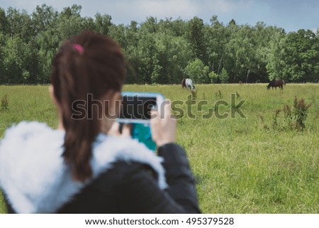 Blurred girl on foreground holding smartphone and making picture of two gorgeous horses outdoors.