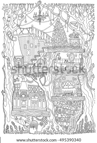 Vector hand drawn fantasy old oak tree with fairy tale house. Black and white sketch . Tee-shirt print. Adults and children Coloring book page. Batik paint. Christmas greeting, party invitation card