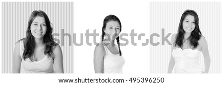 Three closeup portraits of a happy young woman, in front of different backgrounds, black and white photos
