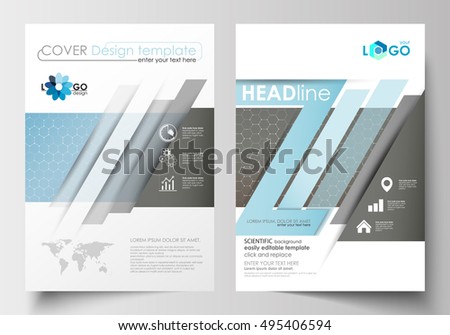 Templates for brochure, magazine, flyer, booklet. Cover template, flat layout in A4 size. Scientific medical research, chemistry pattern, hexagonal design molecule structure, science vector background