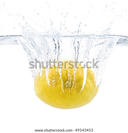 Fresh large lemon splashing into water with white background