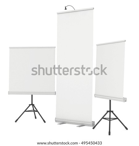 Blank Roll Up Expo Banner Stand Group. Trade show booth white and blank. 3d render illustration isolated on white background. Template mockup for your expo design.