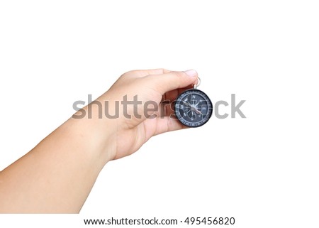 hand of a man holding a compass on white background and have clipping paths to easy deployment.
