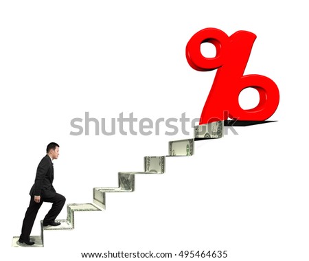 Man walking up toward 3D red percentage sign on top of money stairs, isolated on white background.