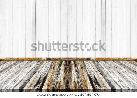 empty wooden floor on white wooden wall background, used for display or montage your products
