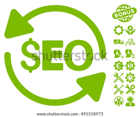 Update Seo pictograph with bonus tools clip art. Vector illustration style is flat iconic symbols, eco green color, white background.