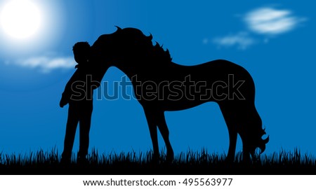Vector silhouette of child with horse on a meadow.