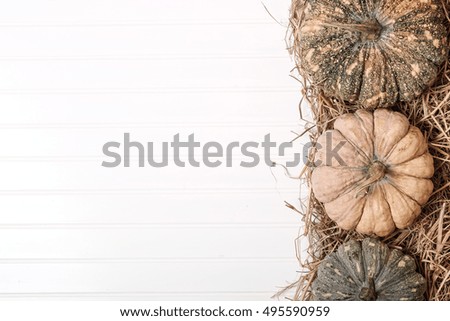 Pumpkins on straw with white wooden space for text.