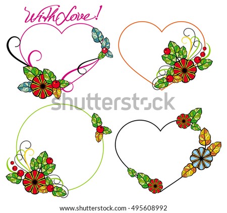 Set of color heart-shaped floral frames. Raster clip art.