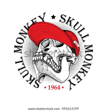 Emblem with image of a skull monkey in a red cap. Vector illustration.