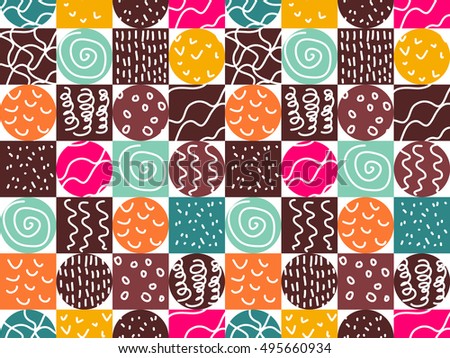Abstract seamless pattern of circles and squares with flourishes. Vector illustration.