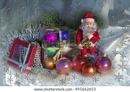 Christmas card with Santa Claus and gifts.