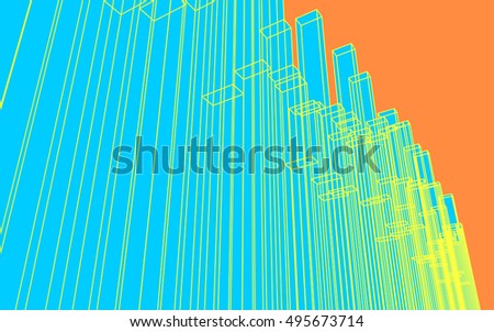 Group of wireframe columns of random height. 3D perspective projection view. Blue massif of blocks on orange background. Yellow edges. Editable stroke width. Abstract vector geometric design.