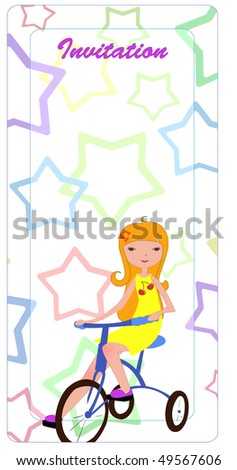 Vector Illustration of the cute little girl, riding the bicycle on the funky star background.