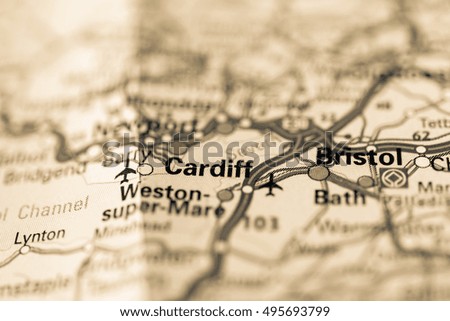 Macro view of Cardiff, United Kingdom on map.