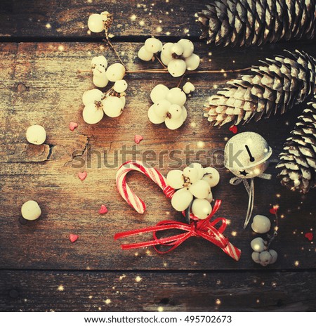 Christmas decorations on wooden background/ holidays background