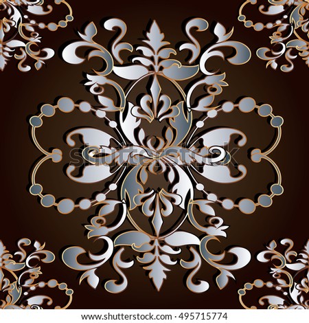 Modern baroque damask dark brown  floral vector seamless pattern background wallpaper illustration with 3d silver gold flowers,leaves and ornaments in Victorian style.Endless luxury texture