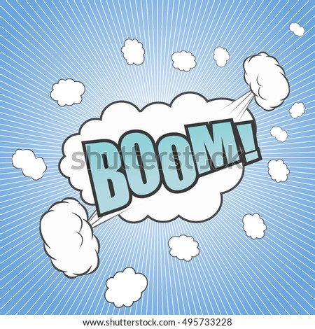 Comic boom cartoon with text, white clouds, spikes and blue background. Pop-art style. Vector illustration