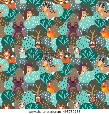 Funny animal seamless pattern made of wild animals in forest: bear, deer, hedgehog, raccoon, fox, rabbit and owl. Ideal for cards, wallpapers and children room decoration