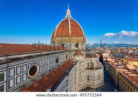 Florence Duomo. Basilica di Santa Maria del Fiore (Basilica of Saint Mary of the Flower) in Florence, Italy. Florence Duomo is one of the main landmarks in Florence, Italy Royalty-Free Stock Photo #495751564