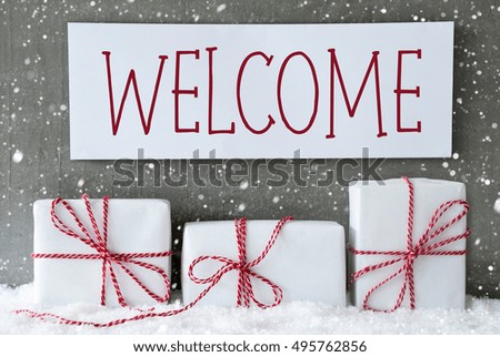 White Gift With Snowflakes, Text Welcome
