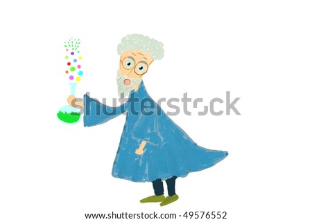Crazy scientist or professor holding laboratory flask with chemical substance producing colorful bubbles. Funny illustration