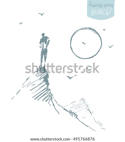 Hand drawn vector illustration, silhouette of a man on the top of the hill against sunrise, sketch