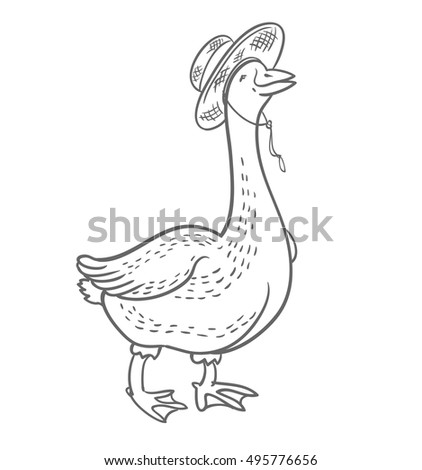 White goose with a hat isolated on white background, goose hand drawn, vector illustration sketch, cartoon funny goose, 