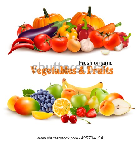 Background With Organic Fresh Vegetables. and Fruits Healthy Food. Vector illustration Royalty-Free Stock Photo #495794194