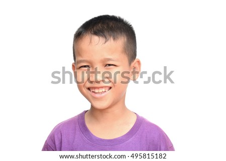 Little happy boy on white background