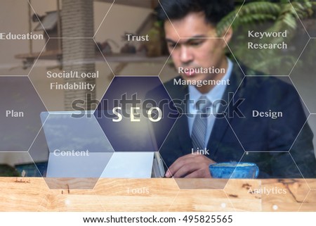 closeup photo blurred of Businessman working on the workplace beside window glass over the SEO icon with business success virtual screen on network concept background, Business technology concept