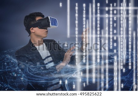 Asian Man wearing virtual reality Looking the digital numeric display of security or hacker on cityscape background, VR technology concept