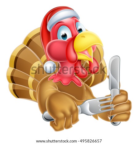 A Santa hat Christmas cartoon turkey holding a knife and fork