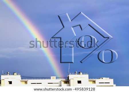 percent sign on the background of the house and rainbow .The concept of reducing property prices .