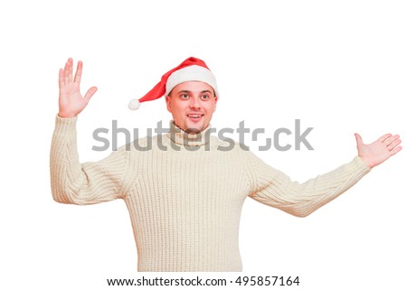 Joyful man in cap Santa Claus on a white background isolated