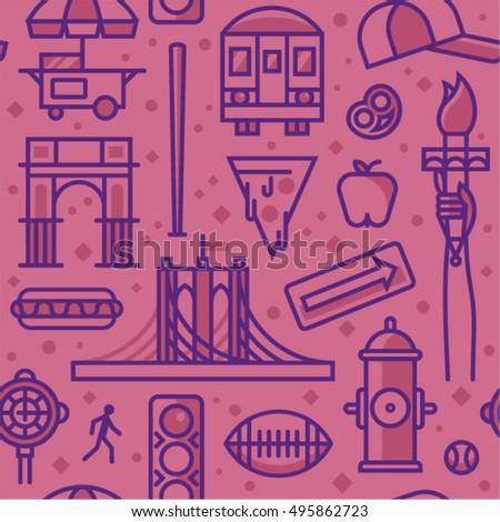 New York City, vector outline background, seamless pattern: traffic light, Brooklyn Bridge, clock, hot dog, arc, shop, baseball, apple, pizza, train, arrow, rugby, hydrant, Statue of Liberty