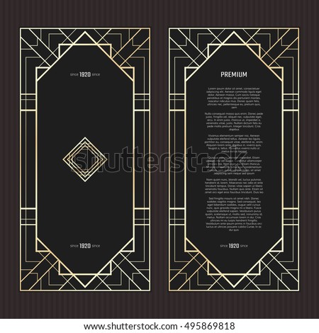 Vector geometric cards in Art Deco style. Light golden flyers. Premium vector frame in luxury style. Restaurant menu with logo. Black and gold tickets. Royalty-Free Stock Photo #495869818